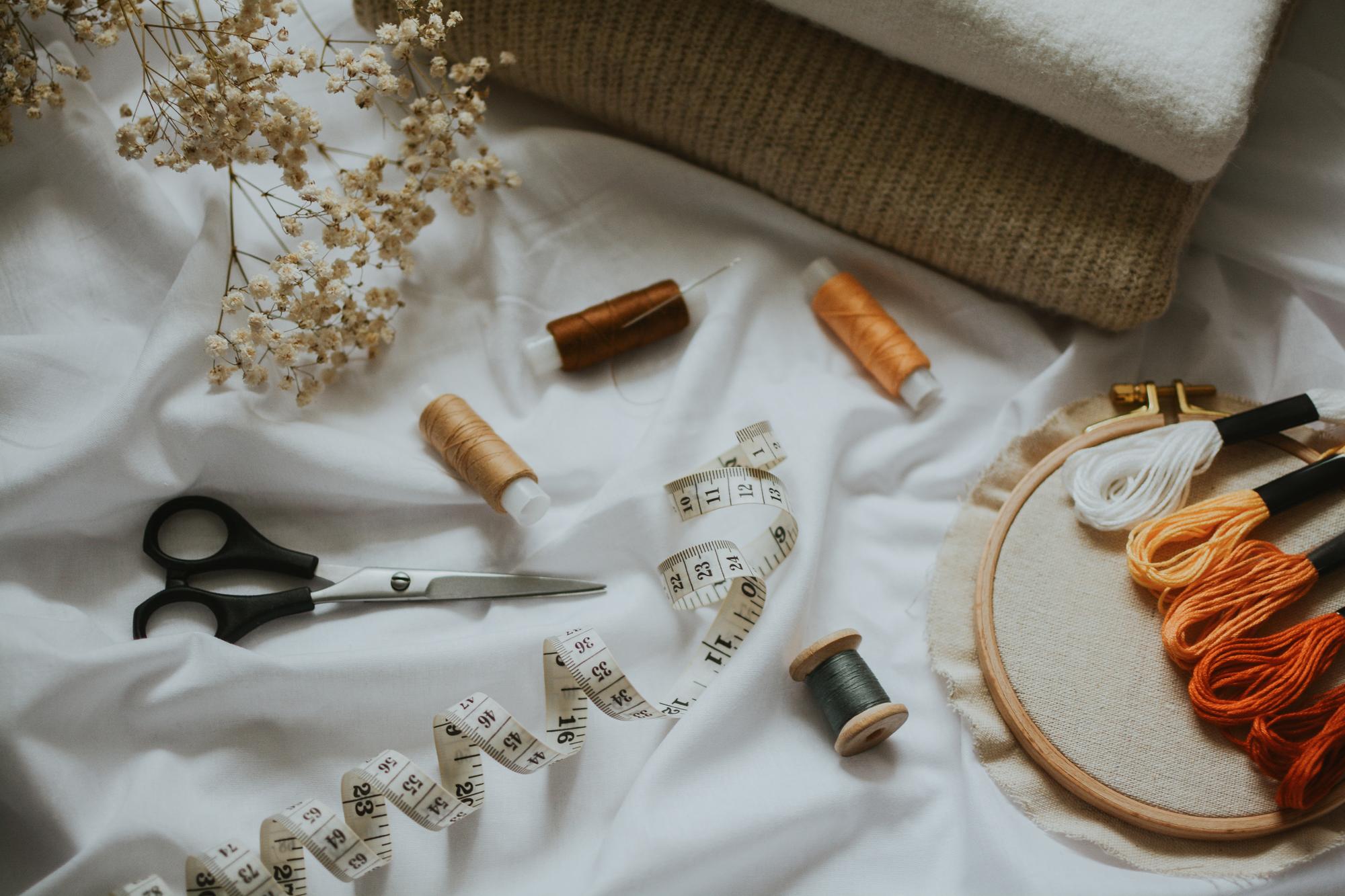 Studio bench with threads and scissors