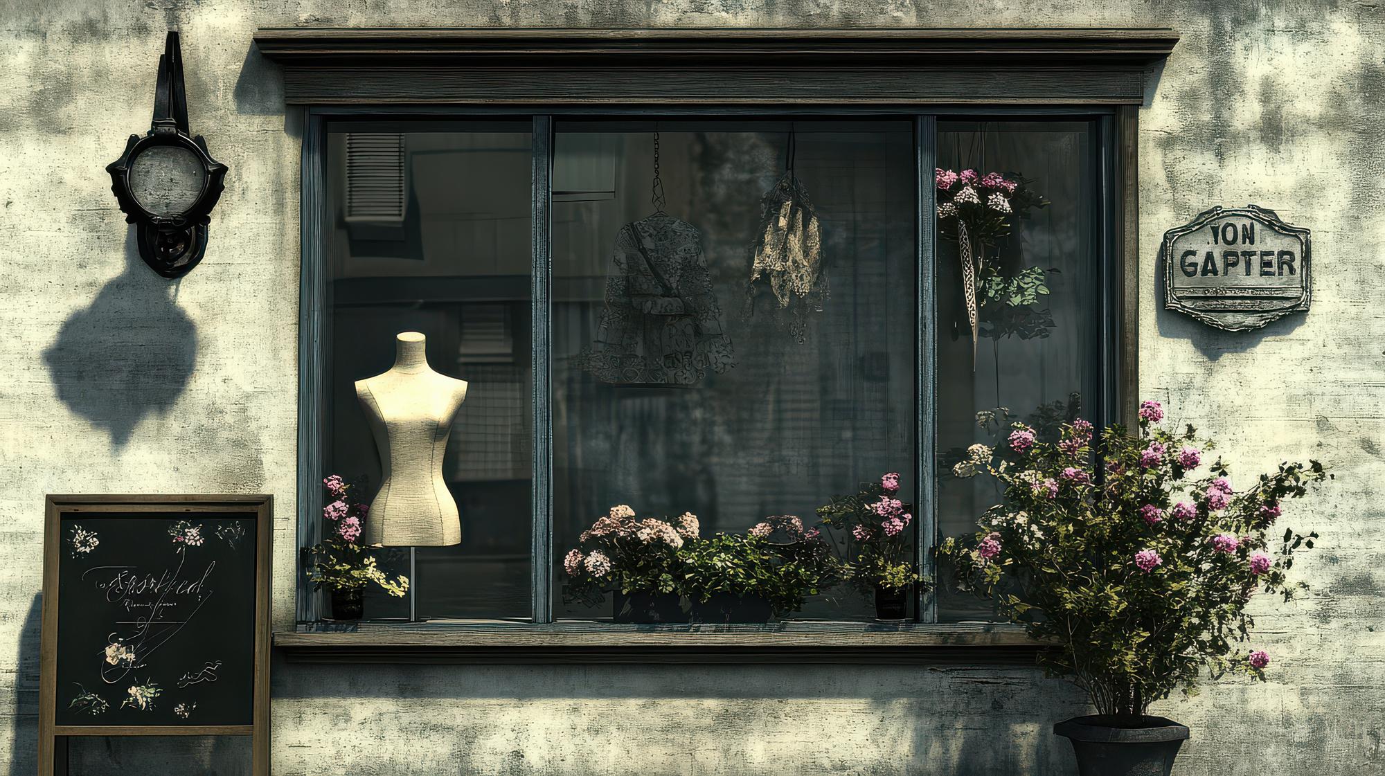Studio exterior and window with embroidered display