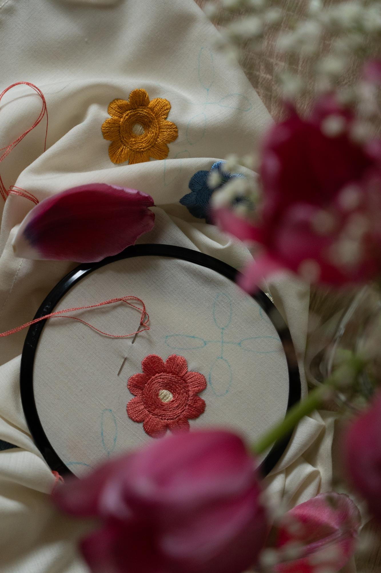 Close-up of hand embroidery hoop with floral pattern